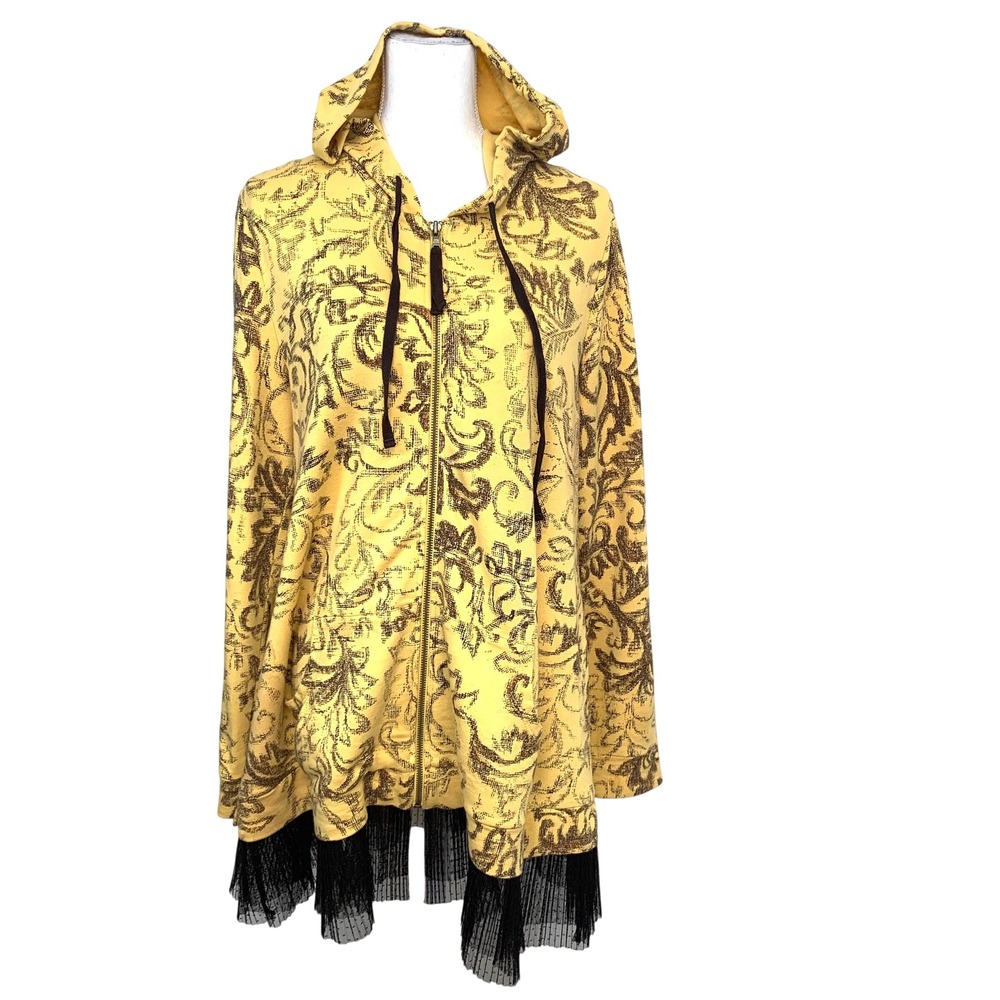 LOGO Lounge by Lori Goldstein Yellow Damask Tulle Trim Zip Up Hoodie Large
